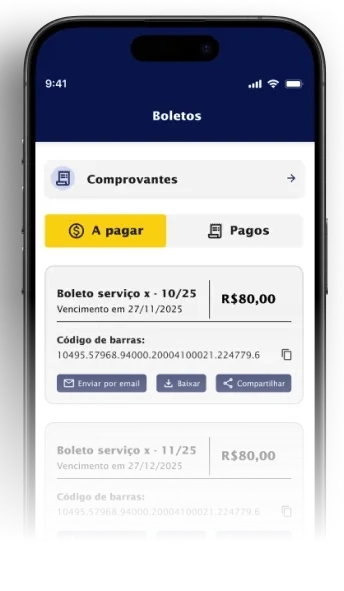 Tela de boletos e pagamentos no aplicativo do associado