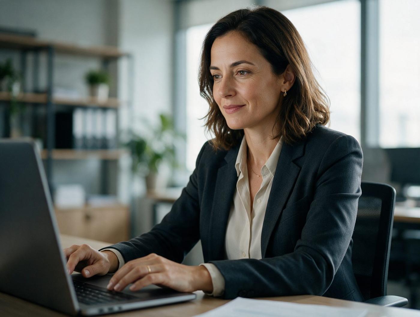 Gestora trabalhando no escritório, com o sistema aberto no notebook